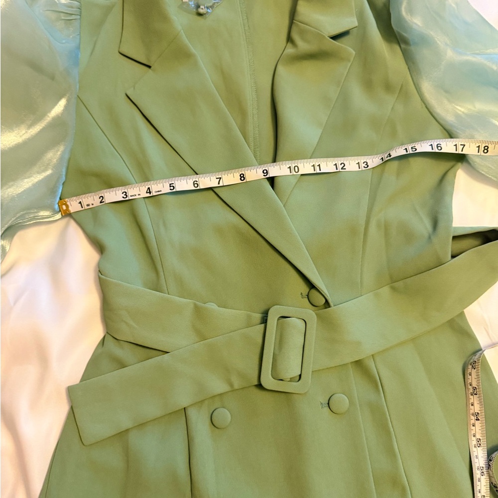 Sage Green Belted Blazer Dress w/ Sheer Sleeves – Size M (NWT) - Picture 4 of 7